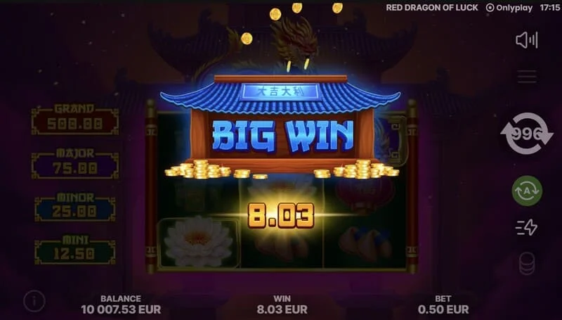 Red Dragon of Luck - główny ekran z siatką 3x3 i czerwonym smokiem